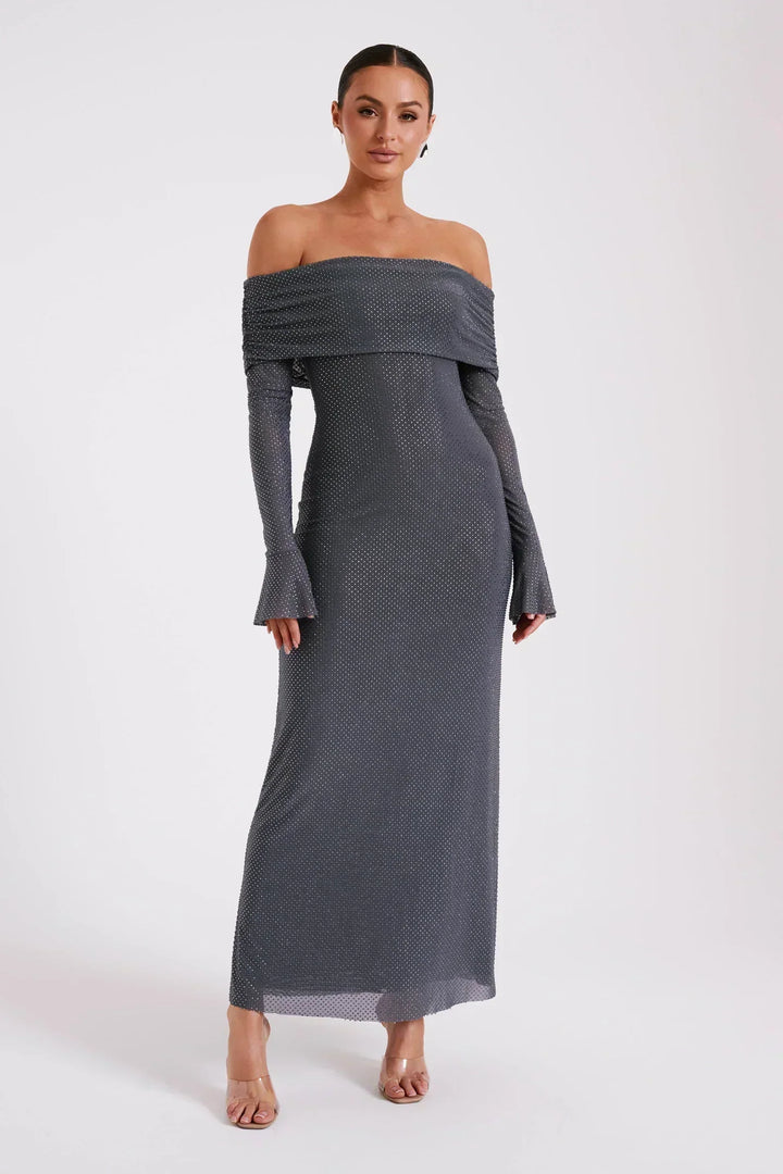 Juliette | Robe Longue Mesh Manches Cloche Col Off-Épaules