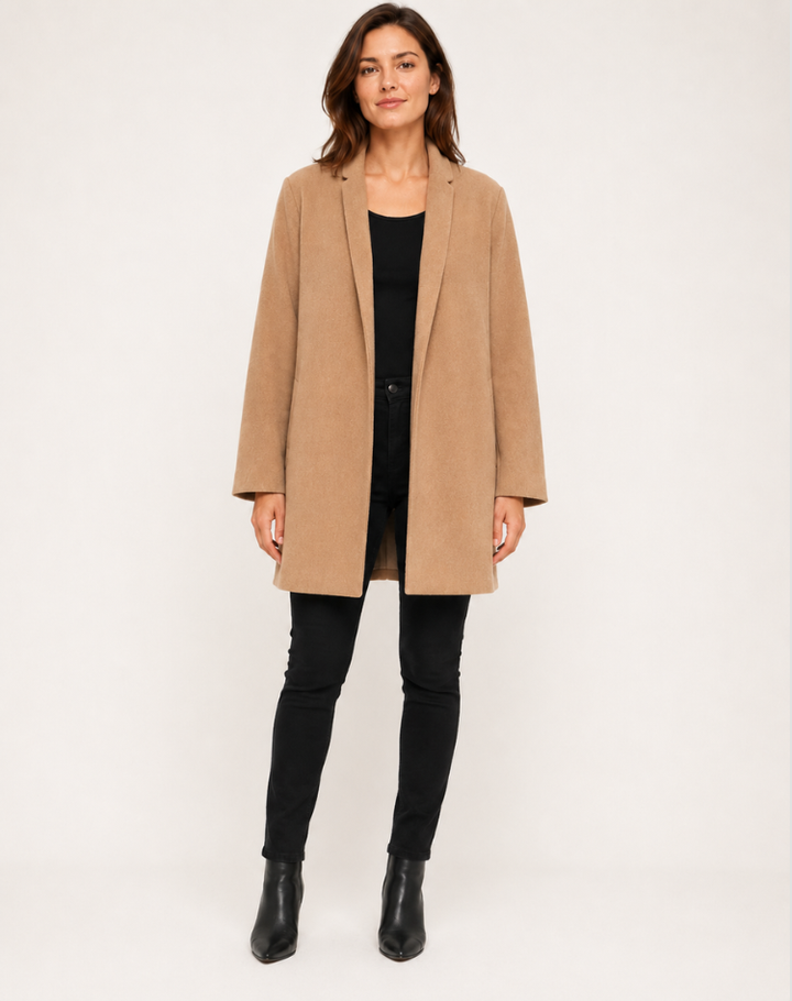 Camille | Manteau Mi-Long Femme Camel Col Tailleur