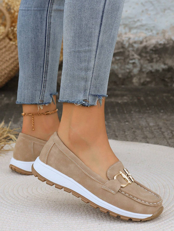 Camille | Mocassins Femme Daim Kaki à Boucle Dorée