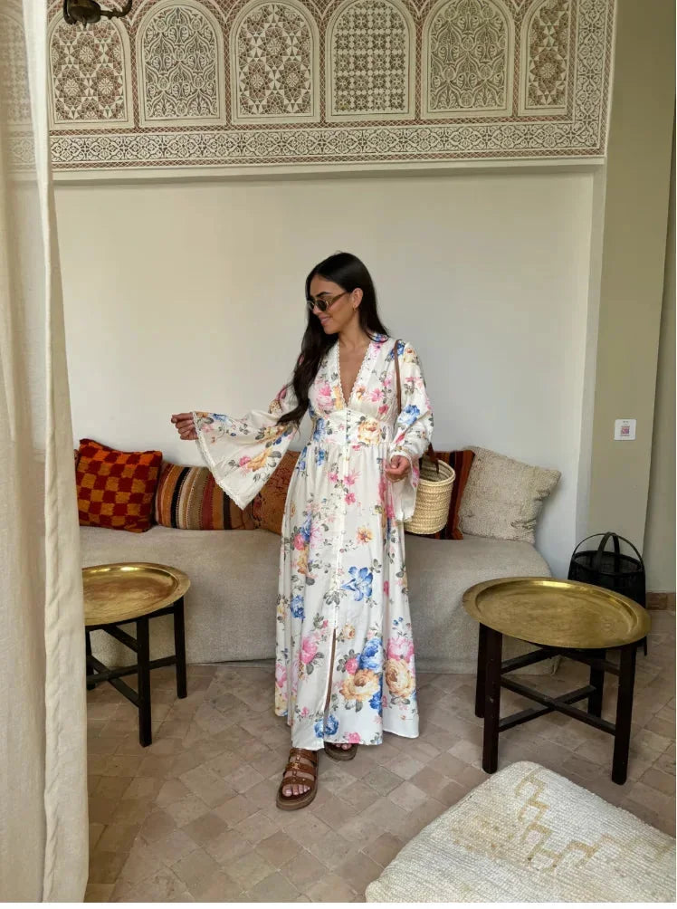 Camille | Robe Fleurie Longue Femme Manches Évasées