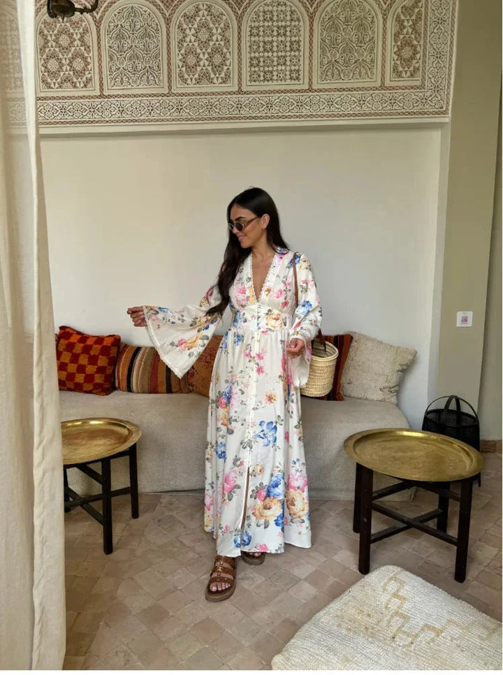 Camille | Robe Fleurie Longue Femme Manches Évasées