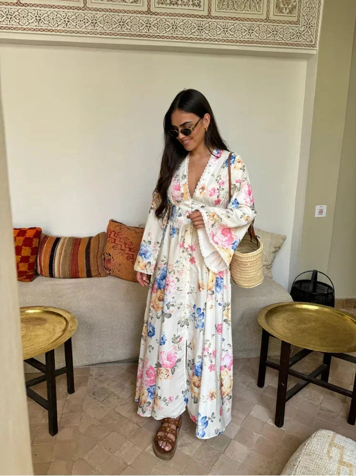Camille | Robe Fleurie Longue Femme Manches Évasées