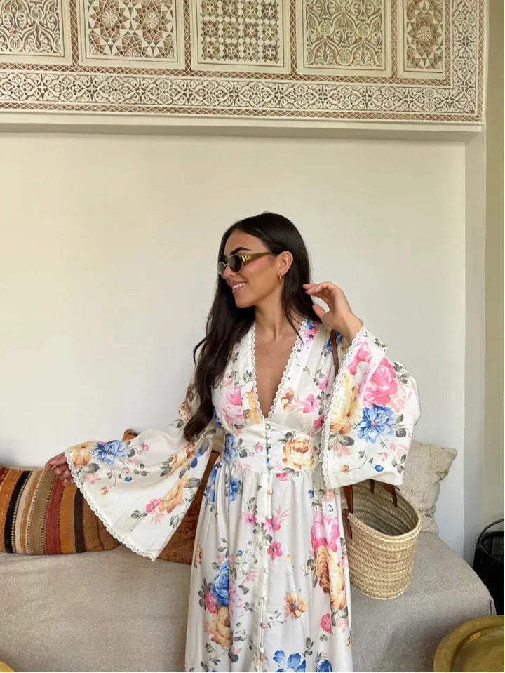 Camille | Robe Fleurie Longue Femme Manches Évasées