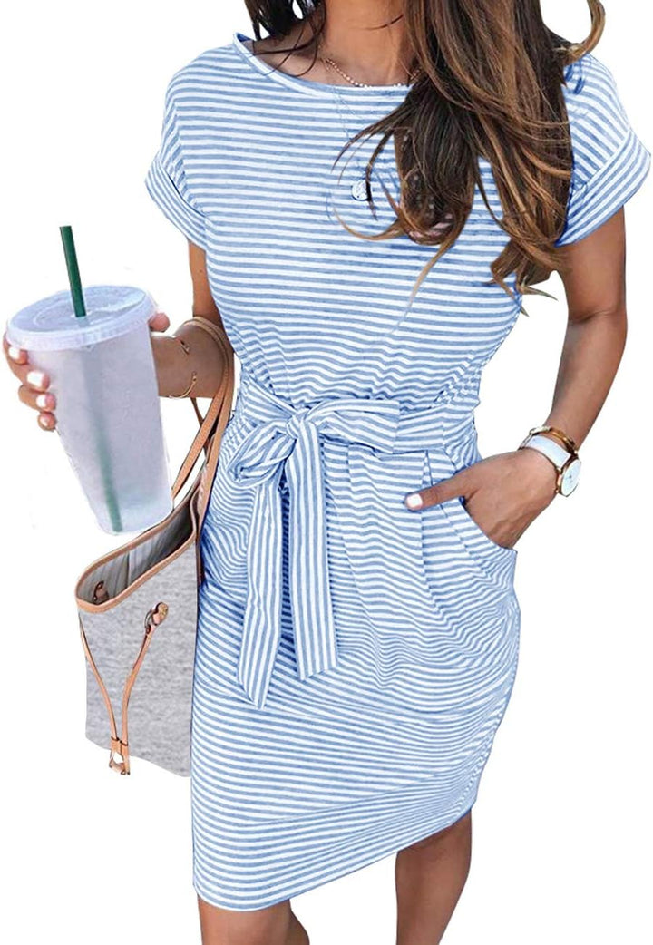 Camille | Robe T-shirt Rayée Bleue Manches Courtes