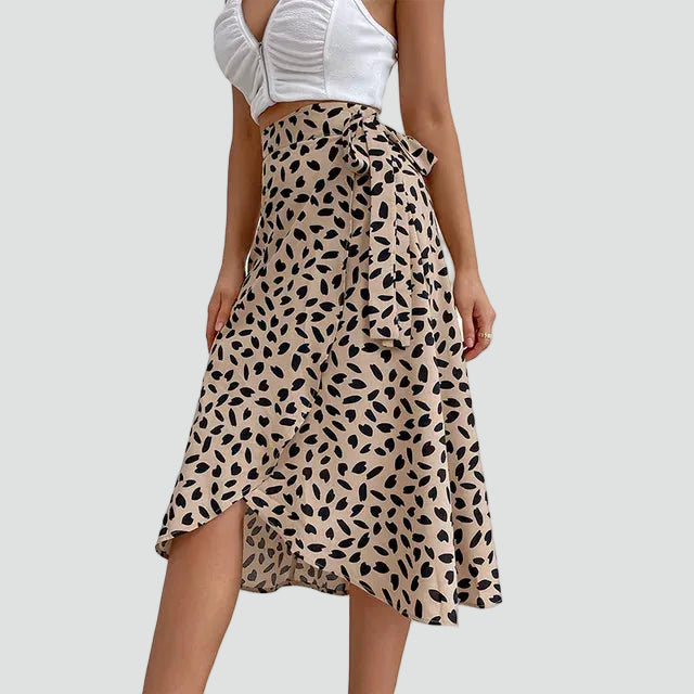 Carla | Jupe Portefeuille Midi Évasée Taille Nouée Femme