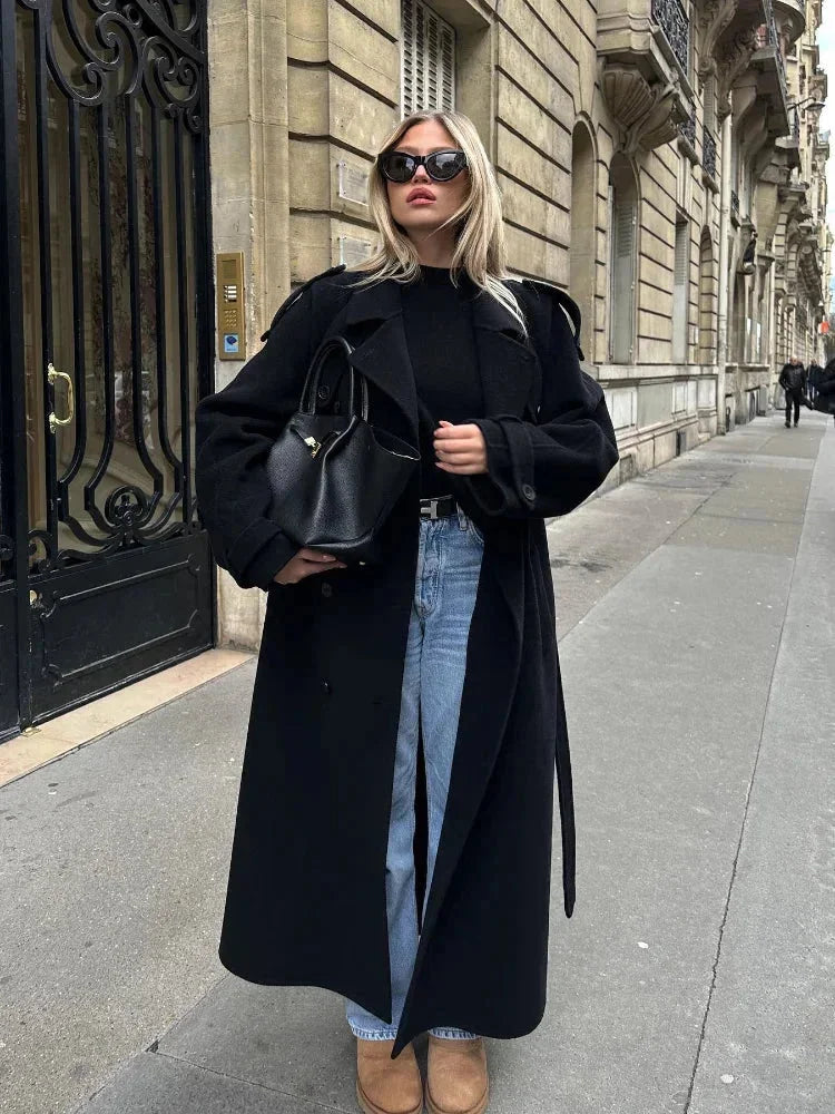Carla | Trench Long Noir Femme Col Tailleur