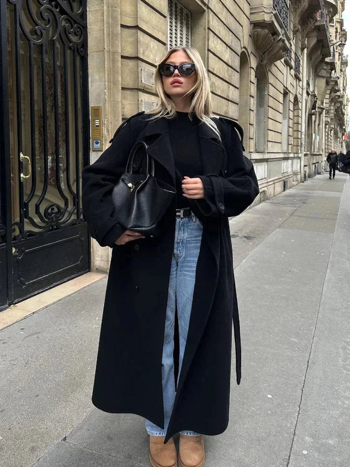 Carla | Trench Long Noir Femme Col Tailleur