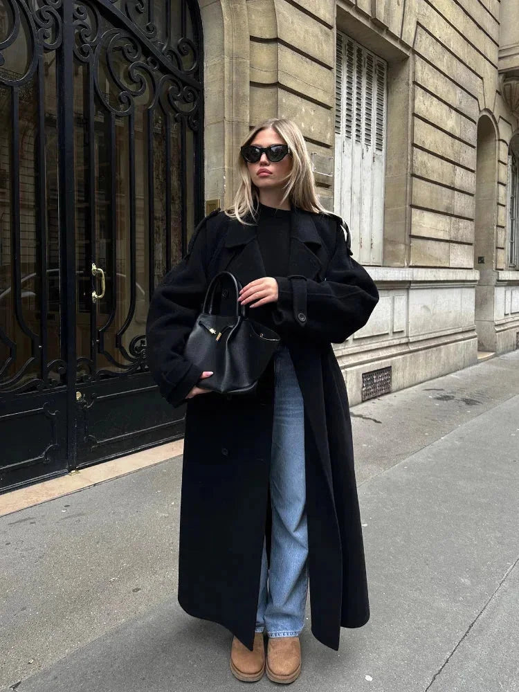 Carla | Trench Long Noir Femme Col Tailleur