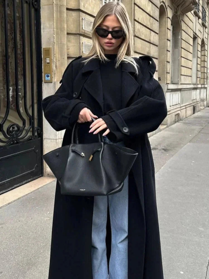 Carla | Trench Long Noir Femme Col Tailleur
