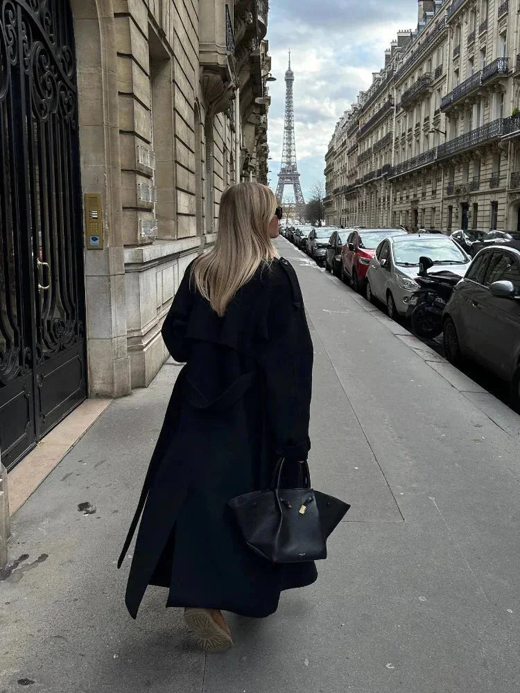 Carla | Trench Long Noir Femme Col Tailleur
