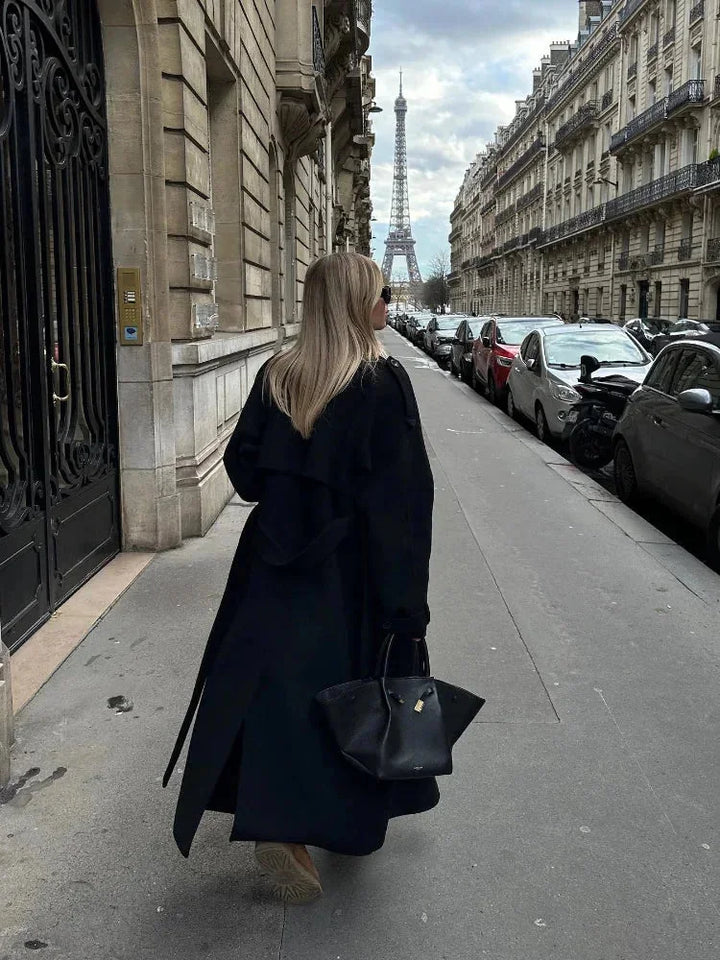 Carla | Trench Long Noir Femme Col Tailleur