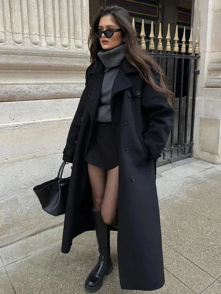 Carla | Trench Long Noir Femme Col Tailleur