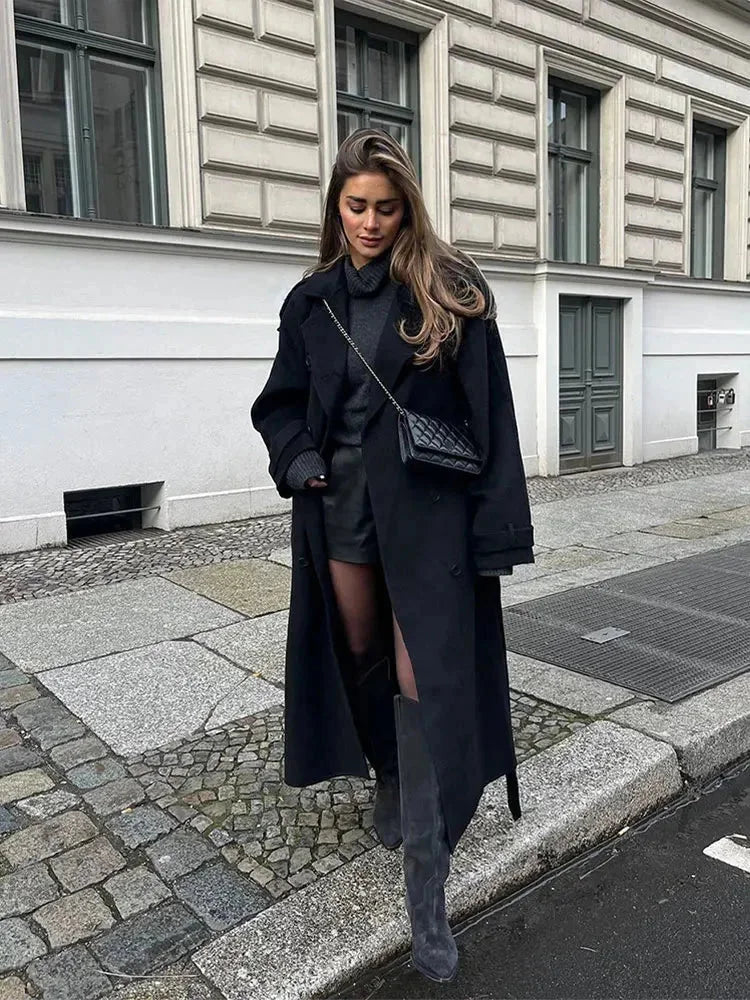 Carla | Trench Long Noir Femme Col Tailleur