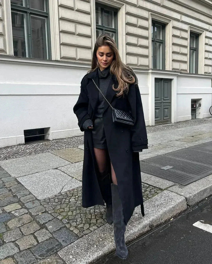 Carla | Trench Long Noir Femme Col Tailleur