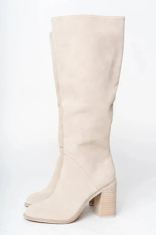 Céline | Bottes Hautes Femme Daim Beige Talon Carré