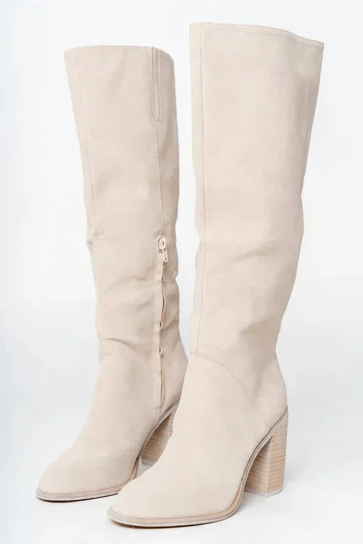Céline | Bottes Hautes Femme Daim Beige Talon Carré
