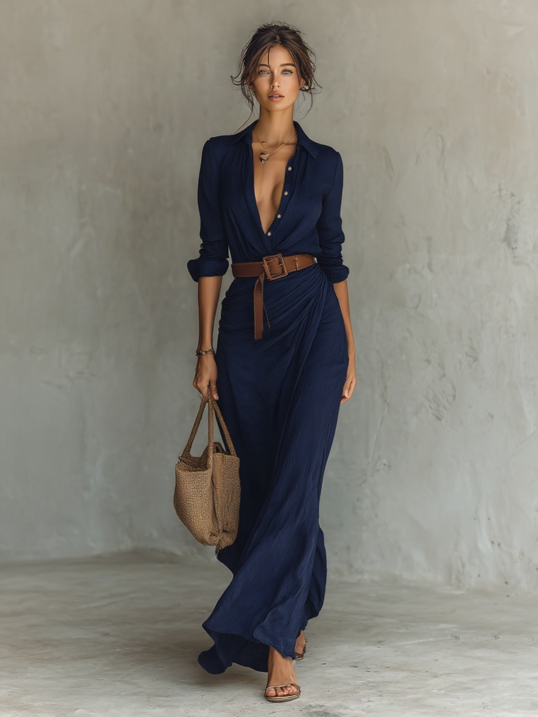 Céline | Robe Chemise Maxi Ceinturée Boutonnée Femme