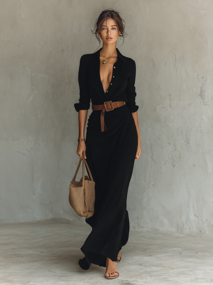Céline | Robe Chemise Maxi Ceinturée Boutonnée Femme