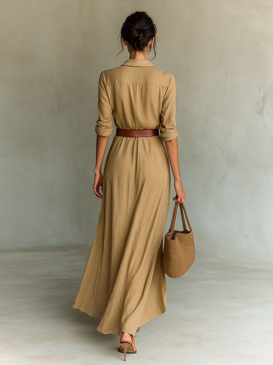 Céline | Robe Chemise Maxi Ceinturée Boutonnée Femme