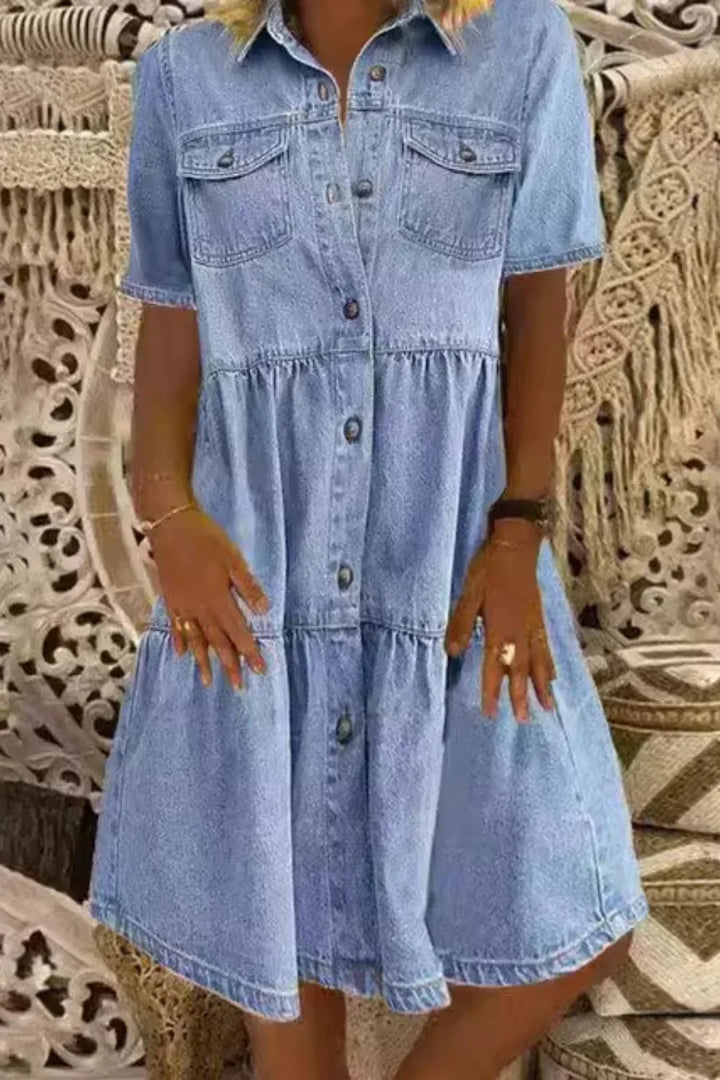 Céline | Robe Femme Denim Boutonnée à Volants