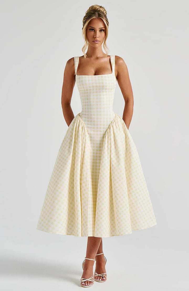 Céline | Robe Midi Vichy Femme Jupe Évasée