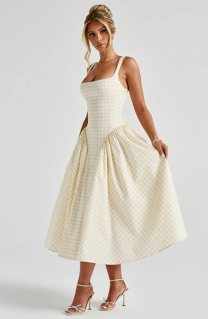 Céline | Robe Midi Vichy Femme Jupe Évasée