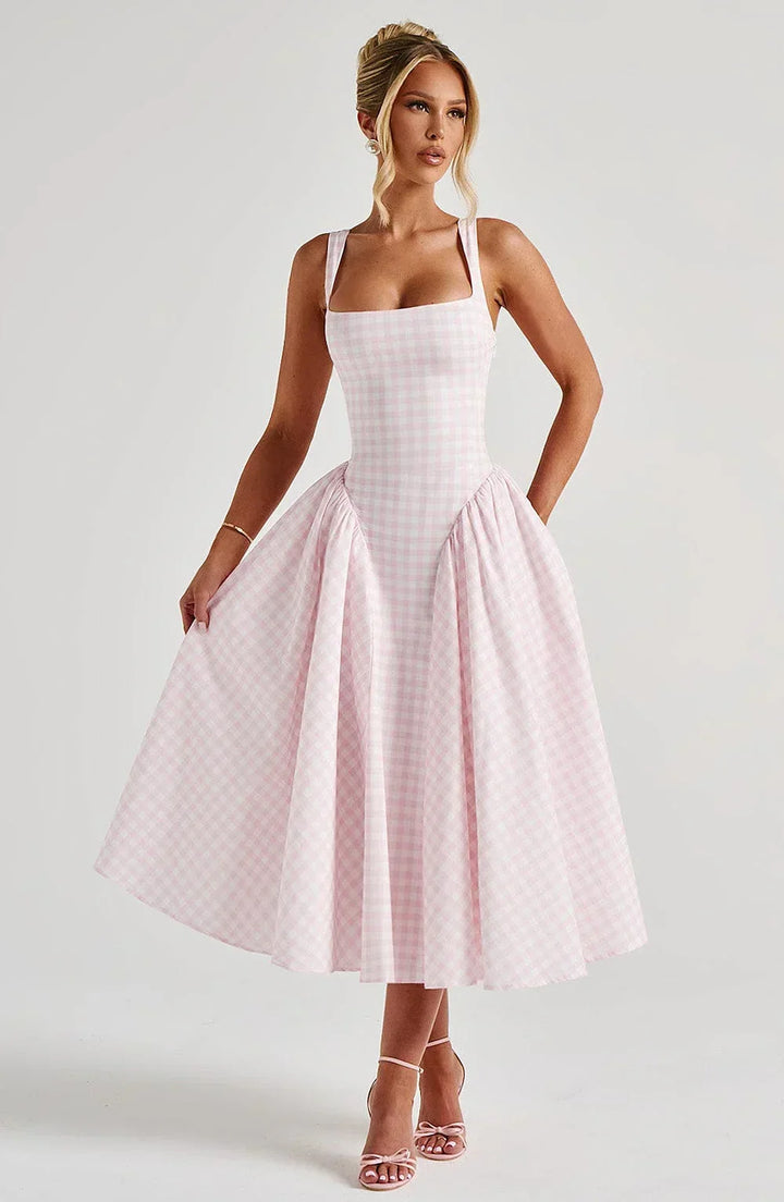Céline | Robe Midi Vichy Femme Jupe Évasée