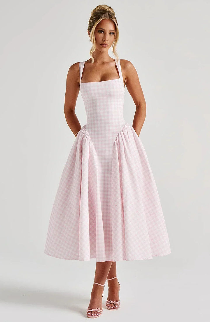 Céline | Robe Midi Vichy Femme Jupe Évasée