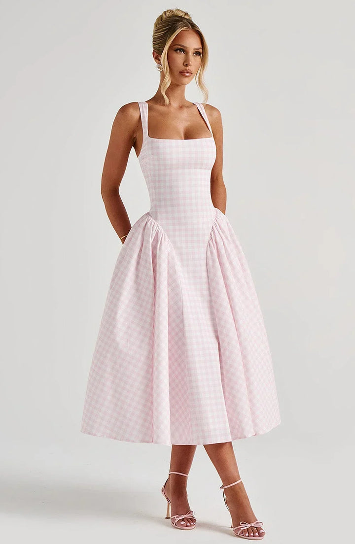 Céline | Robe Midi Vichy Femme Jupe Évasée