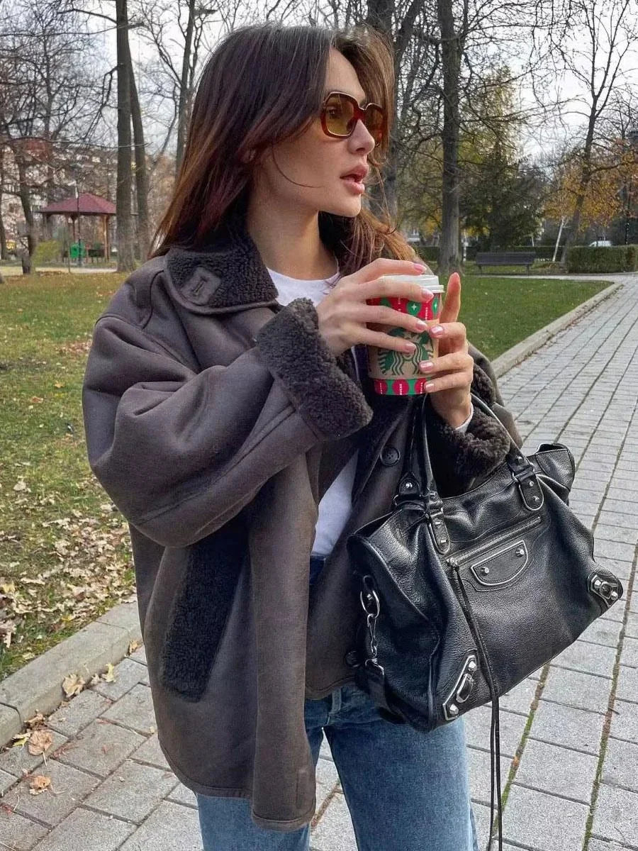 Céline | Veste Shearling Marron Femme Croisée