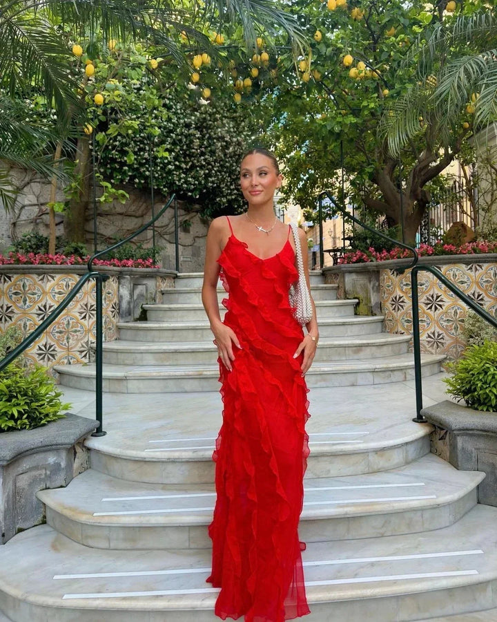 Charlotte | Robe Longue Rouge Mousseline Volantée Col V