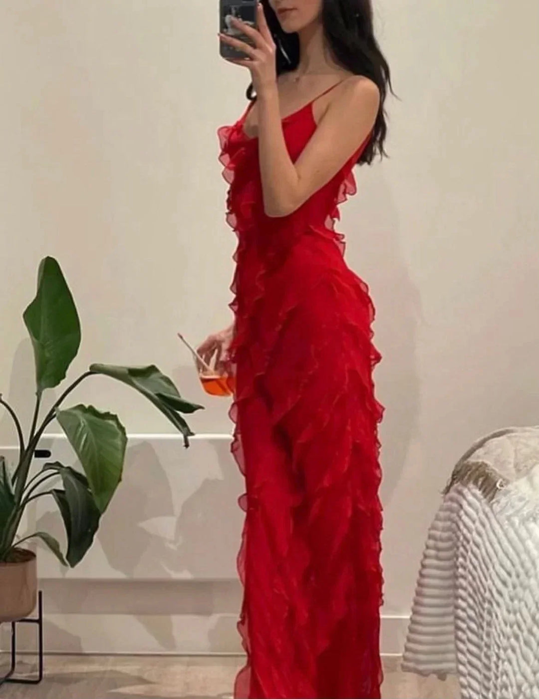 Charlotte | Robe Longue Rouge Mousseline Volantée Col V