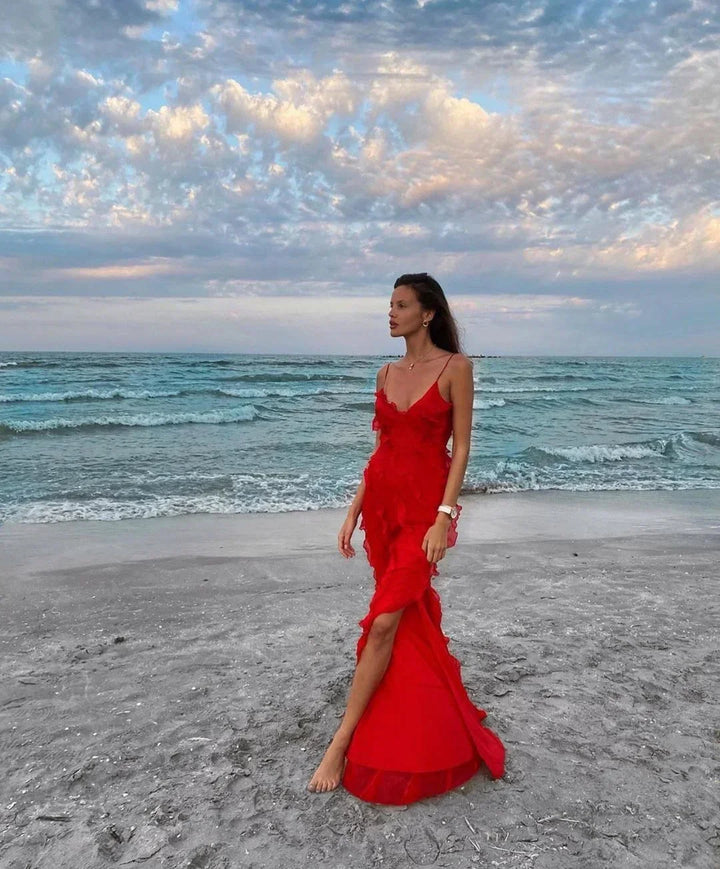 Charlotte | Robe Longue Rouge Mousseline Volantée Col V