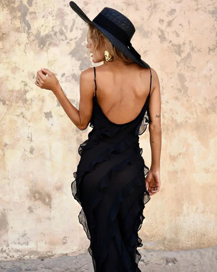 Charlotte | Robe Longue Rouge Mousseline Volantée Col V
