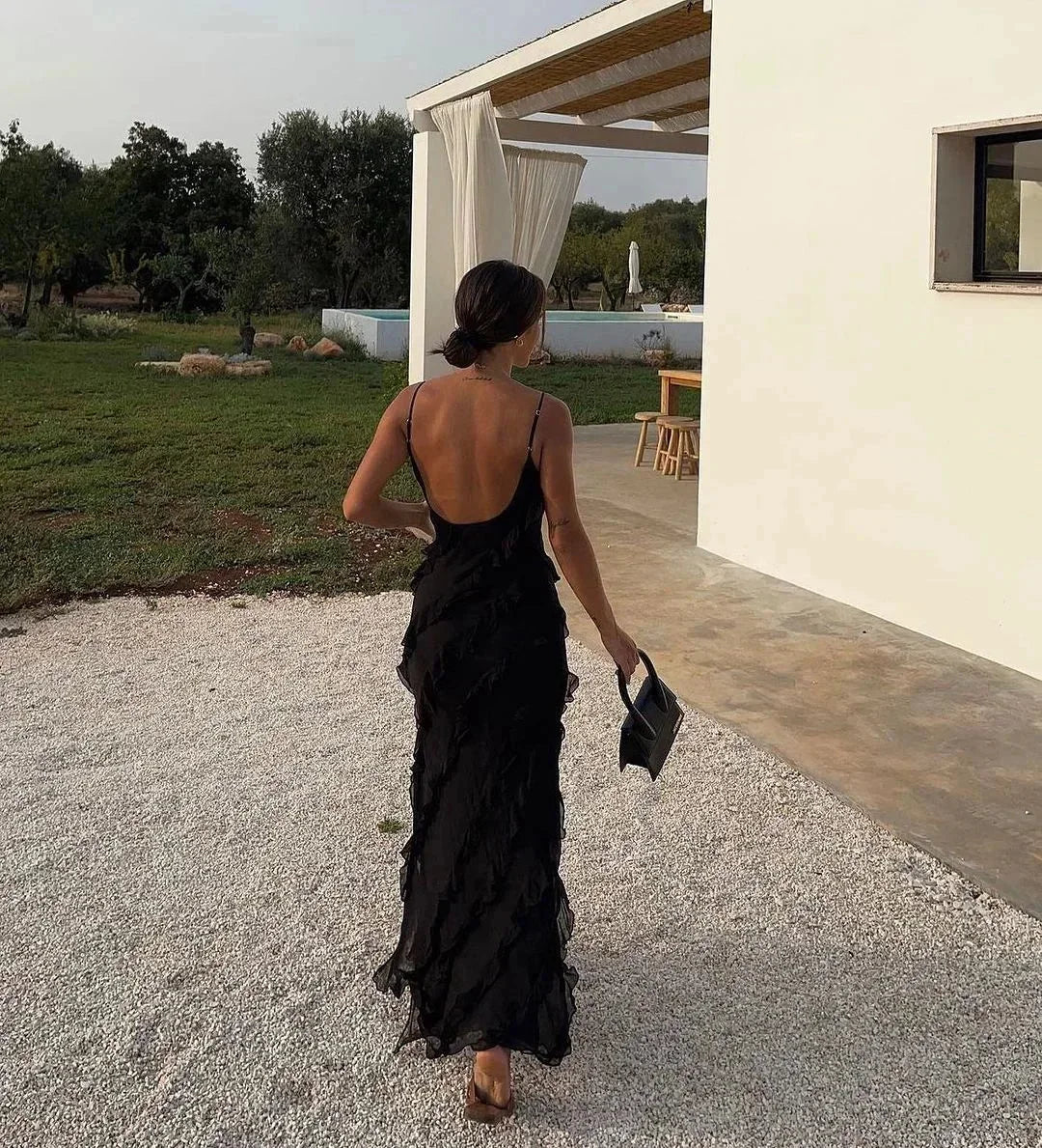Charlotte | Robe Longue Rouge Mousseline Volantée Col V