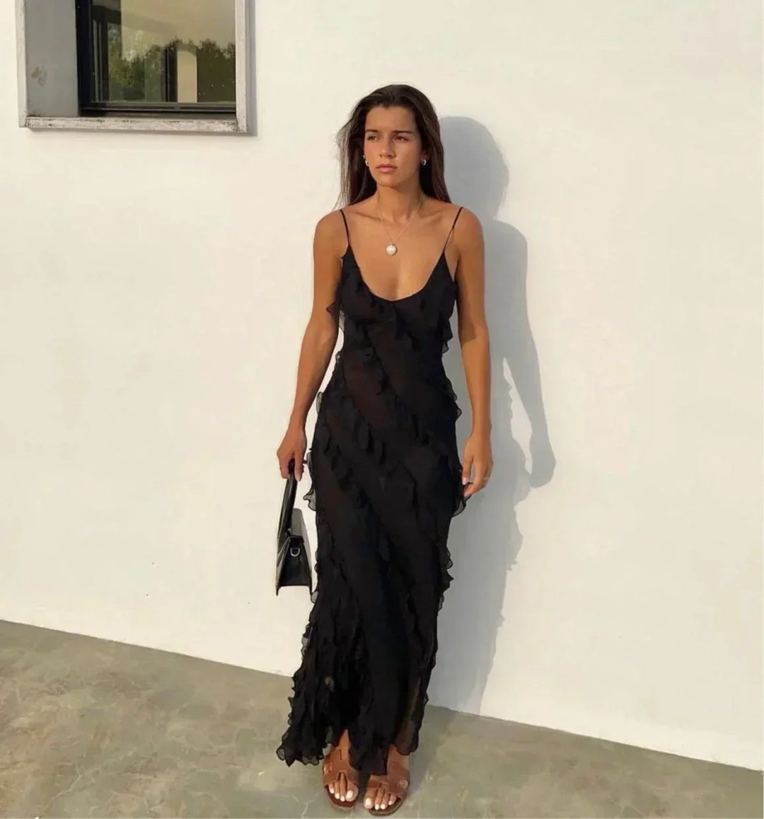 Charlotte | Robe Longue Rouge Mousseline Volantée Col V