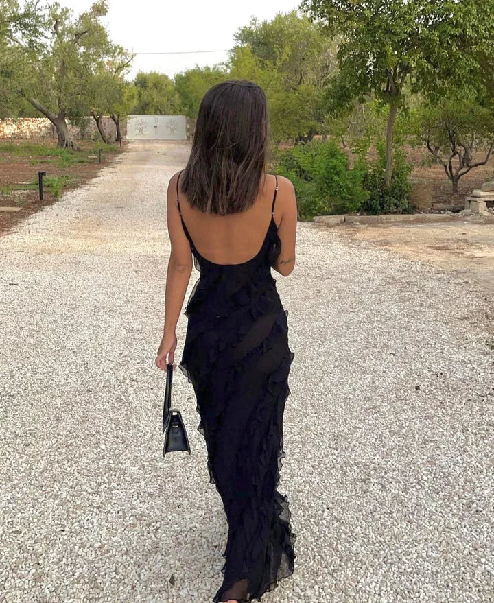 Charlotte | Robe Longue Rouge Mousseline Volantée Col V