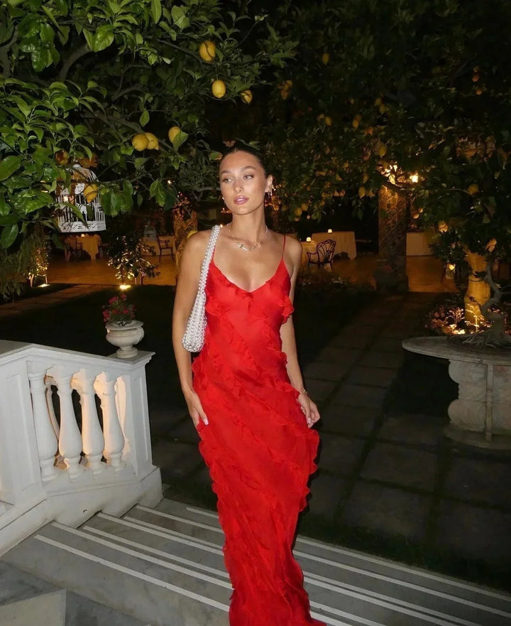 Charlotte | Robe Longue Rouge Mousseline Volantée Col V