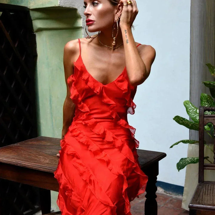 Charlotte | Robe Longue Rouge Mousseline Volantée Col V