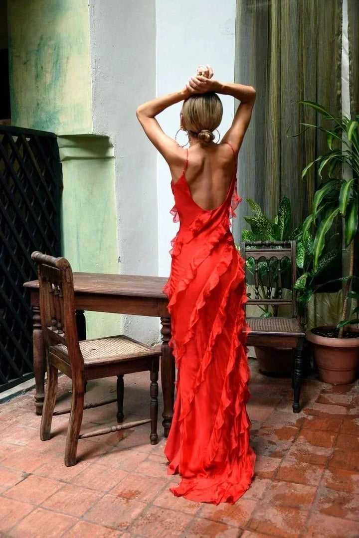 Charlotte | Robe Longue Rouge Mousseline Volantée Col V