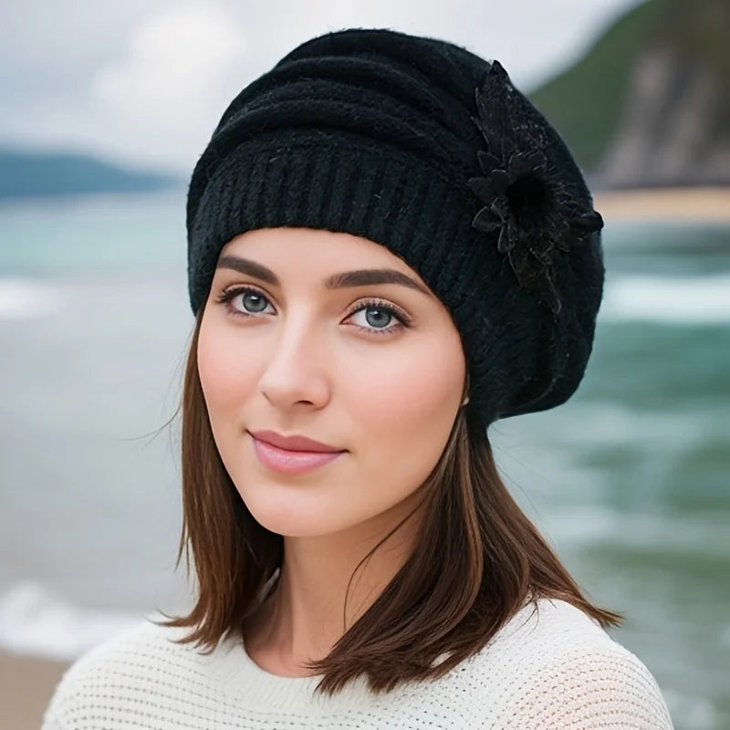 Chloé | Béret Femme en Tricot Crème à Fleur