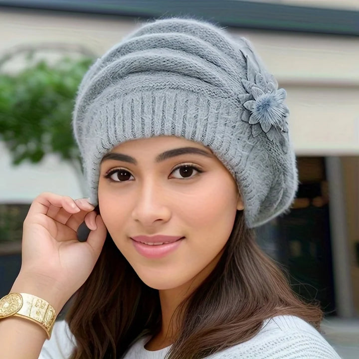 Chloé | Béret Femme en Tricot Crème à Fleur