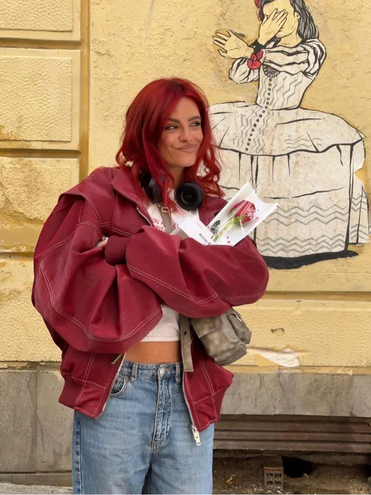 Chloé | Blouson Bomber Rouge Oversize Zippé Femme
