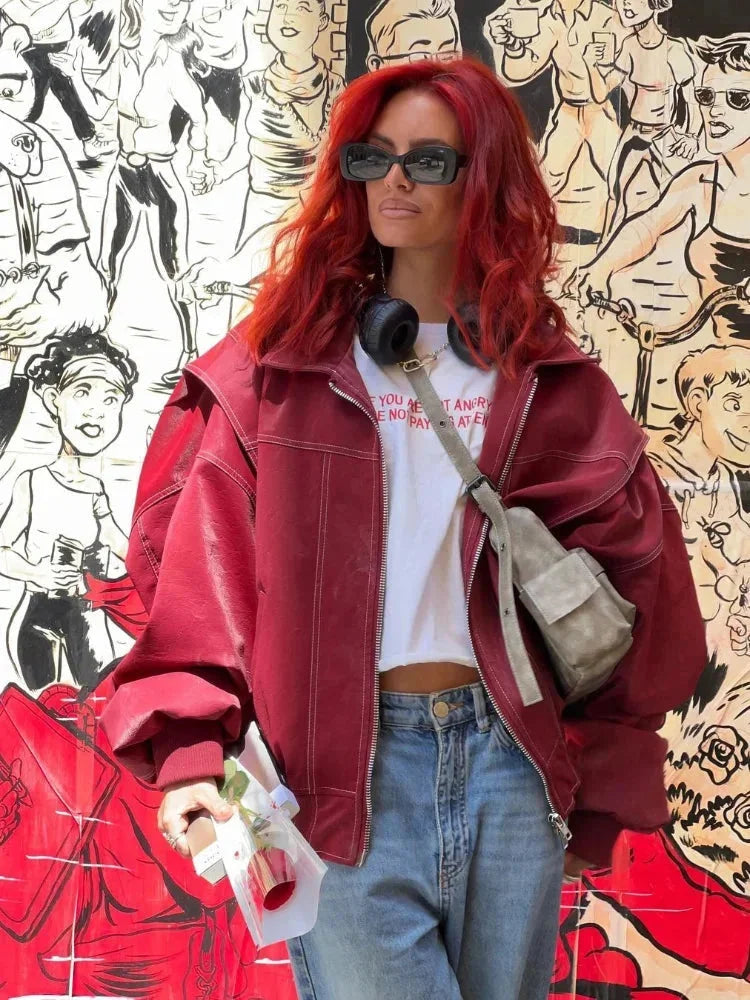 Chloé | Blouson Bomber Rouge Oversize Zippé Femme