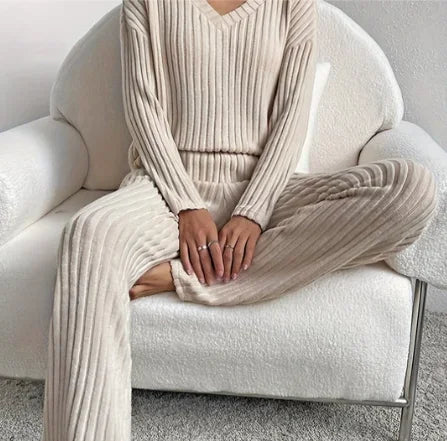 Chloé | Ensemble Côtelé Femme Pull Pantalon Large