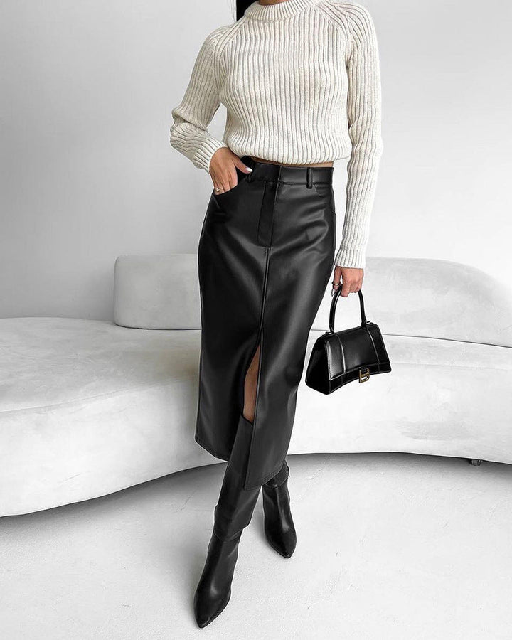 Clara | Jupe Midi Cuir Noir Fendue Taille Haute Femme