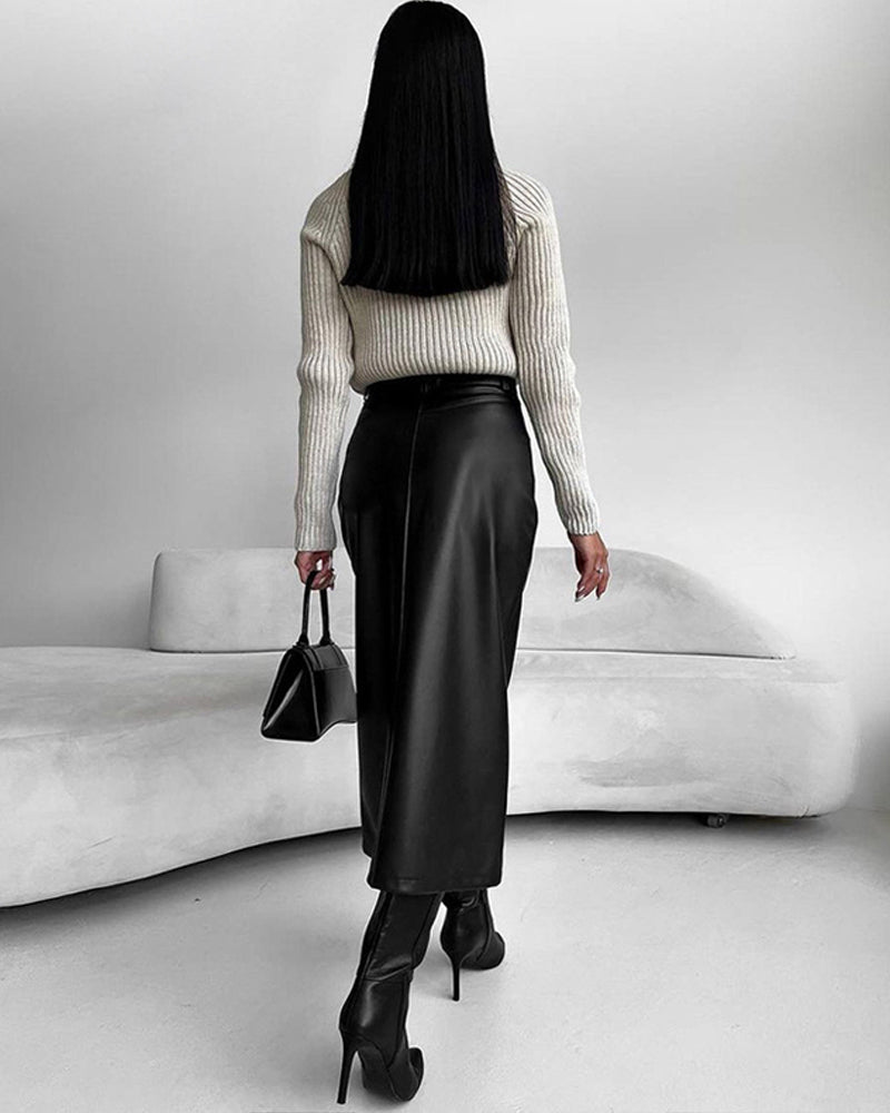 Clara | Jupe Midi Cuir Noir Fendue Taille Haute Femme