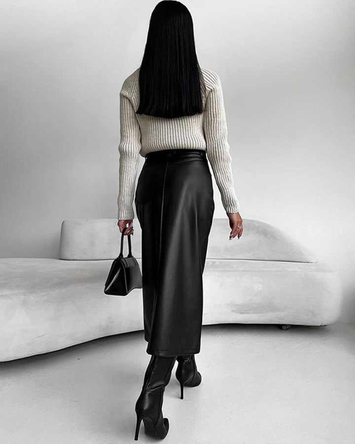 Clara | Jupe Midi Cuir Noir Fendue Taille Haute Femme