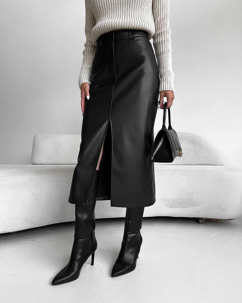 Clara | Jupe Midi Cuir Noir Fendue Taille Haute Femme