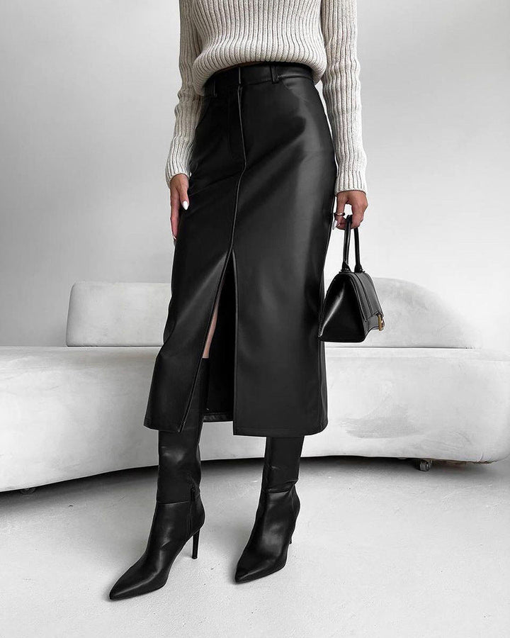 Clara | Jupe Midi Cuir Noir Fendue Taille Haute Femme